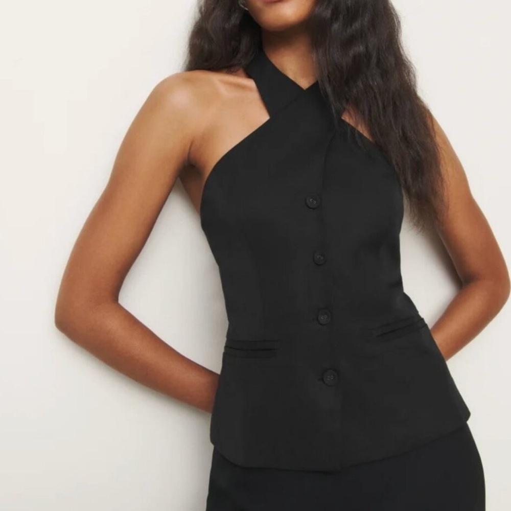 Reformation Black Halter Button-Front Tailored Top
